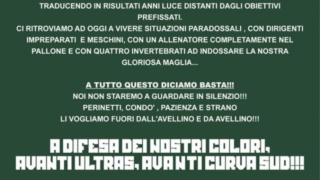 Curva Sud: "Perinetti, Cond&ograve;, Pazienza e Strano fuori dall'Avellino e da Avellino!"