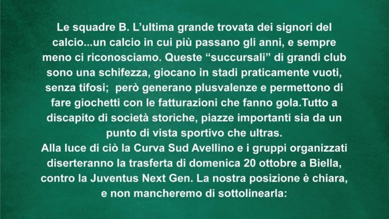 La Curva Sud: "No alle Squadre B. Diserteremo la trasferta di Biella"