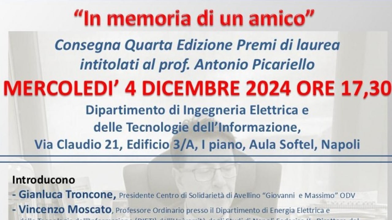 "In memoria di un amico", mercoledì la consegna dei premi di laurea intitolati al prof. Picariello