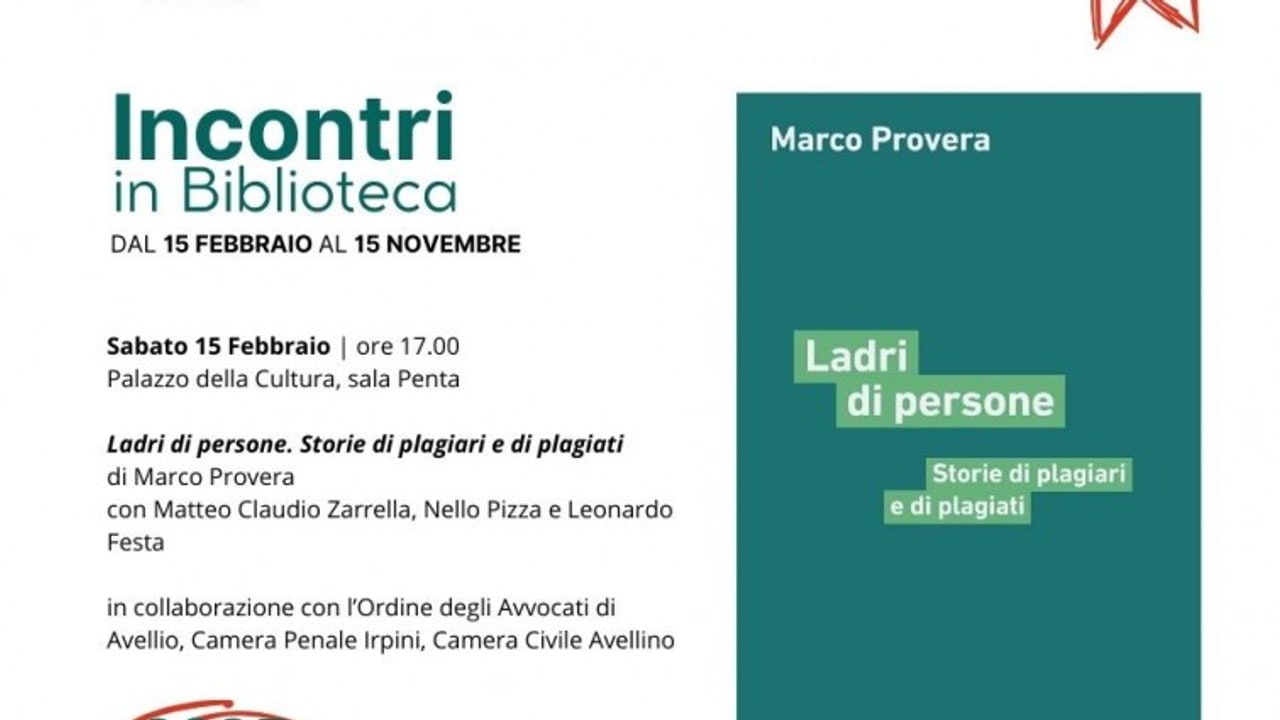 "Incontri in Biblioteca", si parte domani con "Ladri di persone. Storie di plagiari e di plagiati"