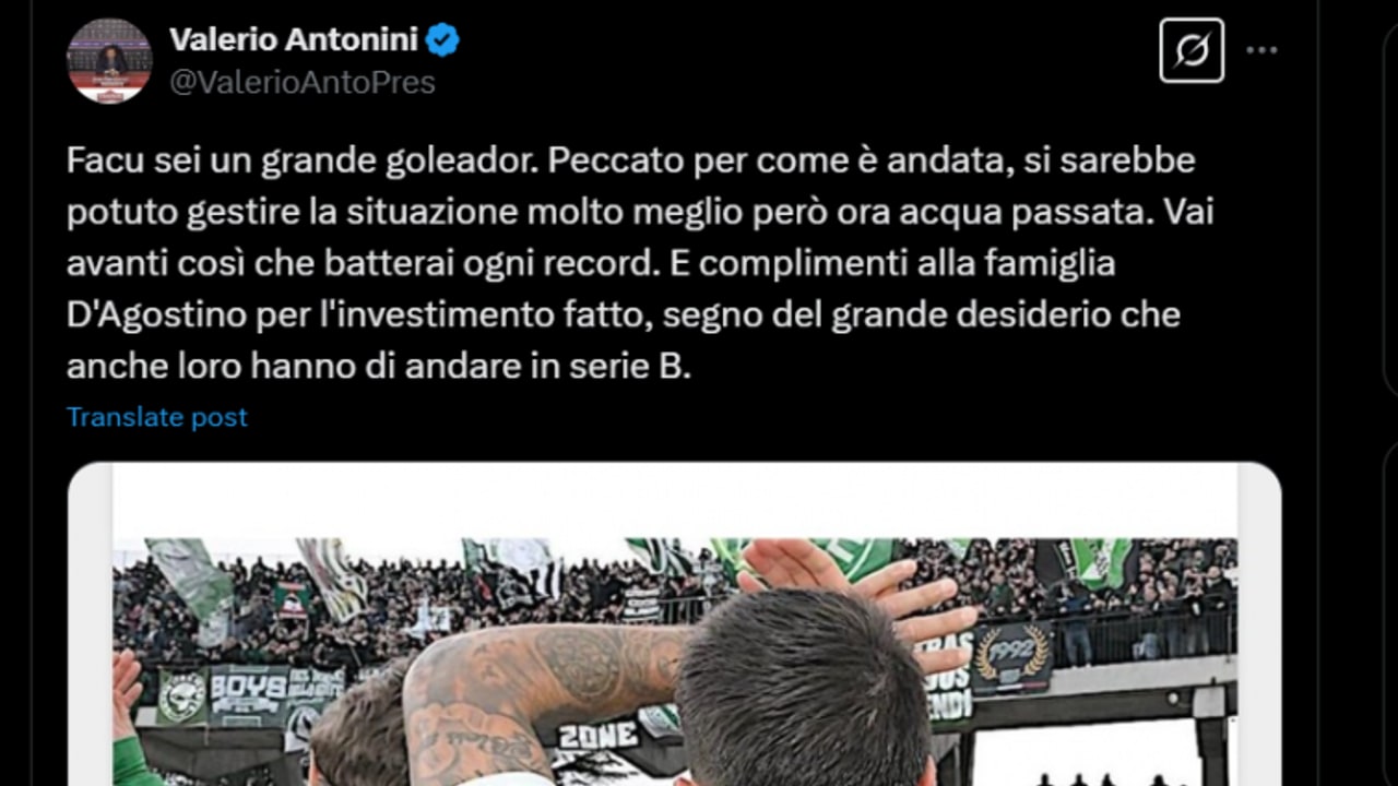 Antonini scrive a Lescano su "X": "Facu sei un grande goleador. E complimenti alla famiglia D'Agostino"