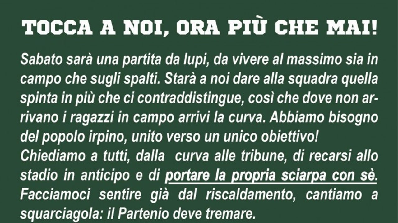 Curva Sud: "Tutti allo stadio con una sciarpa. Il Partenio deve tremare"