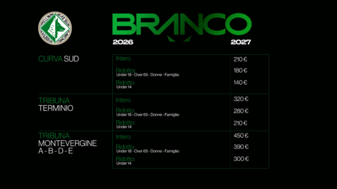 Branco 2026/2027, lunedì 8 giugno parte la campagna abbonamenti