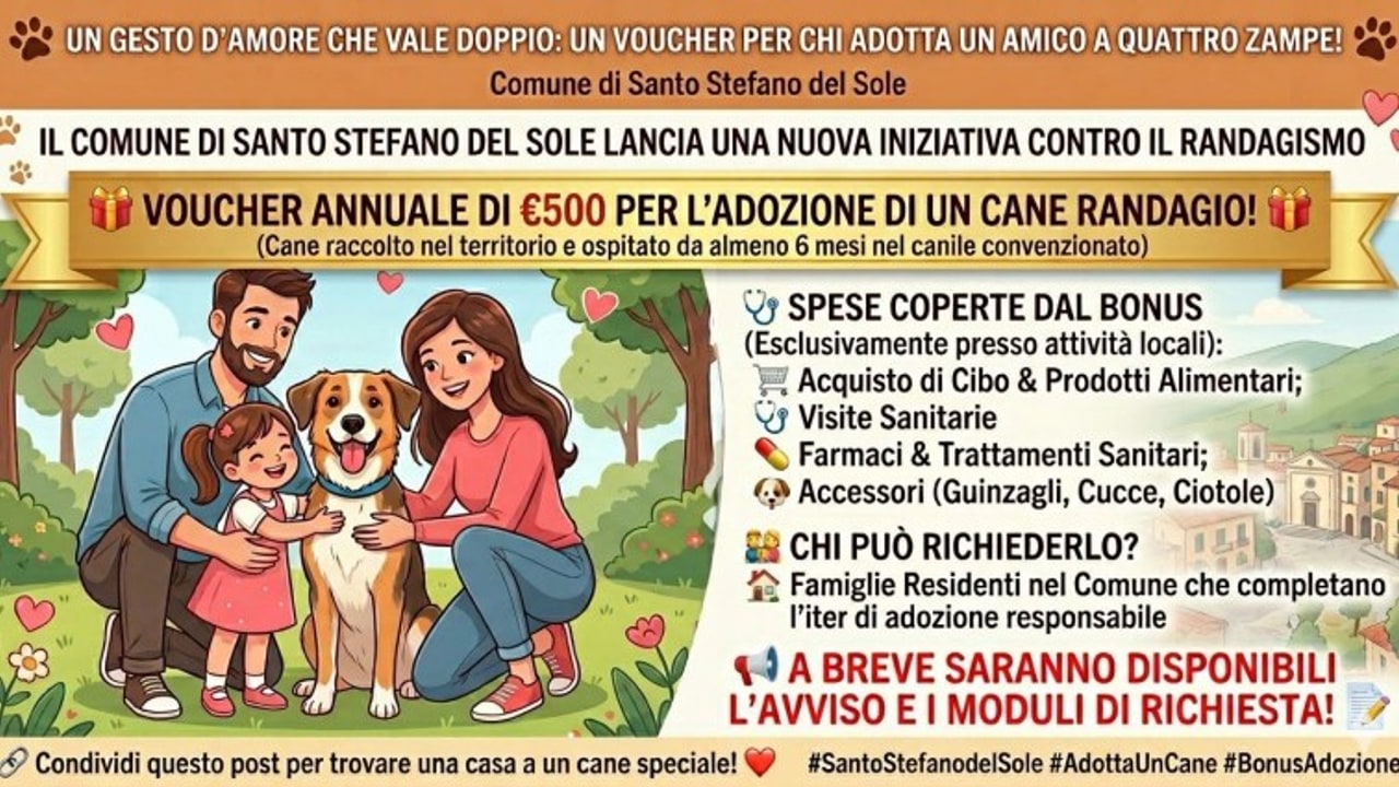 Lotta al randagismo: il Comune di Santo Stefano del Sole stanzia un voucher per chi adotta un cane